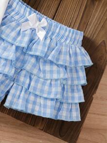 LMoss Kids 2pcs/Set Kids Baby Girl Casual Comfortable Solid Color Round Neck T-Shirt And Plaid Shorts Set - Red - View 3