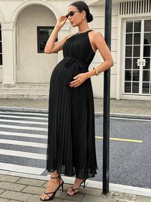 MaterniWear 夏季穿搭、孕妇工作服、孕妇职业装、孕妇职业连衣裙、女士商务休闲装、女士办公室着装、黑色褶皱雪纺飘逸孕妇连衣裙，优雅A字廓形，适合通勤和外出。孕妇纯色简约无袖休闲连衣裙 - 黑色 - 查看 6