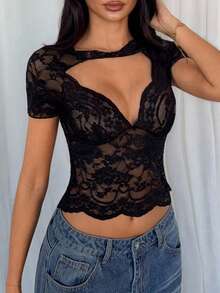 TRNVIE Women's Sexy Sheer Lace Hollow Out Fitted Top, Summer Golf Pastal - Black - View 7