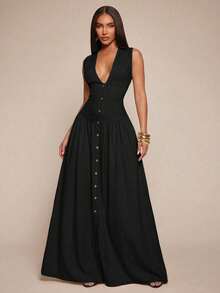 Radiana 女士性感优雅极简V领无袖连衣裙，长款连衣裙，收腰连衣裙，纽扣衬衫裙，吊带裙，飘逸长裙，休闲连衣裙，商务休闲装，复古风格连衣裙，极简时尚，度假连衣裙 - 黑色 - 查看 4