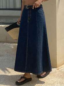 DAZY Plain A-Line Denim Skirt For Women - Dark Wash - View 4