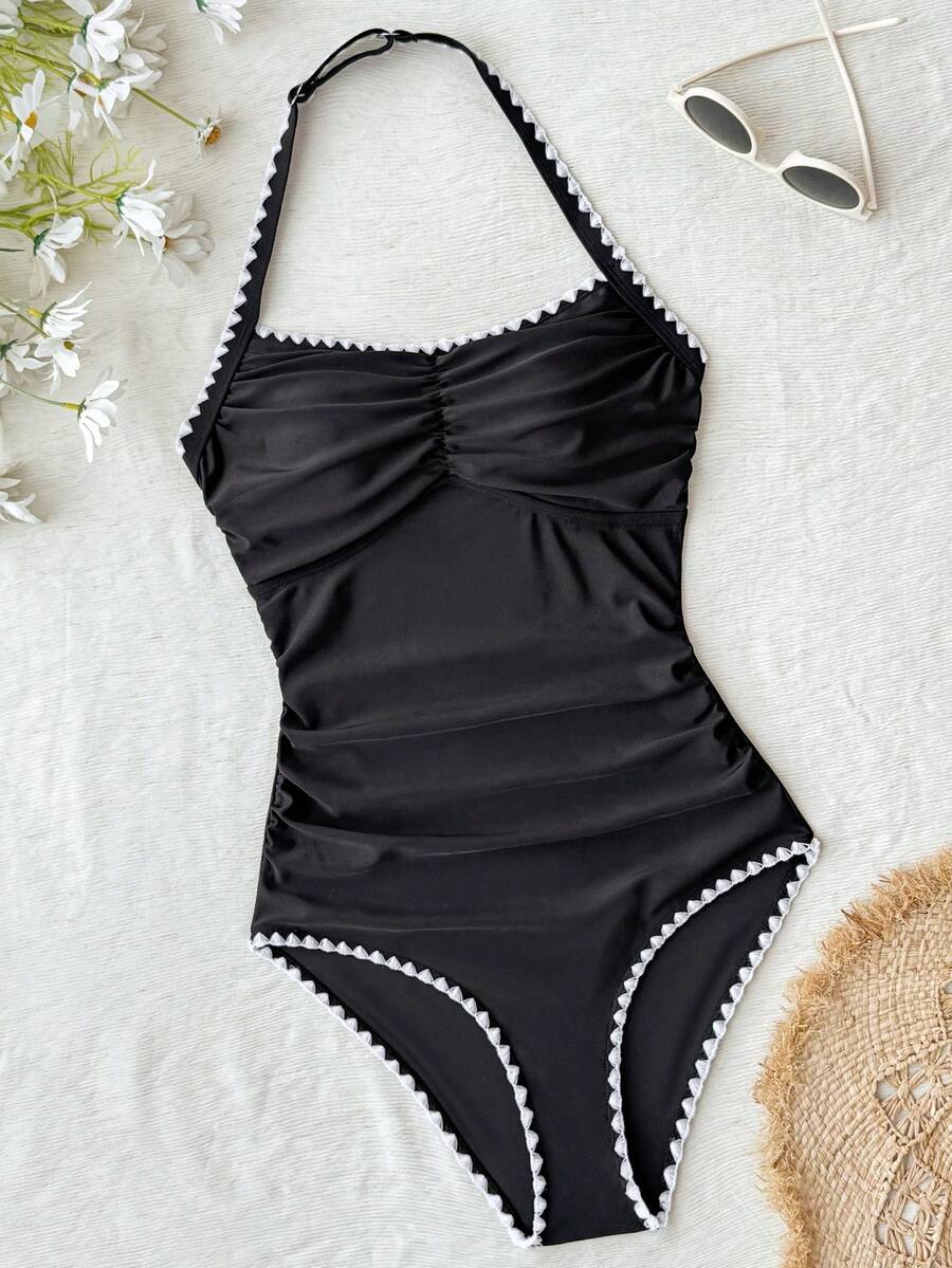 Kids Teen Girl Black Knit Contrast White Shell Ruffle Halter One-Piece Swimsuit,Suitable For Summer,Beach,Holiday,Swimming,Surfing Ruched Bathing Suit - Black and White - View 1