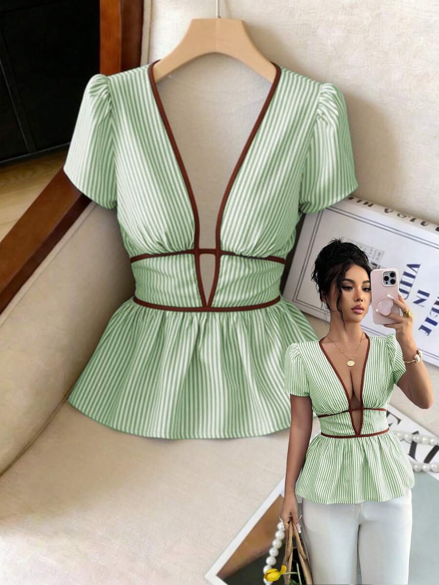 SHEIN Elenzya 优雅夏季度假蓝色条纹深V领性感镂空女式衬衫 - 綠色 - 查看 1