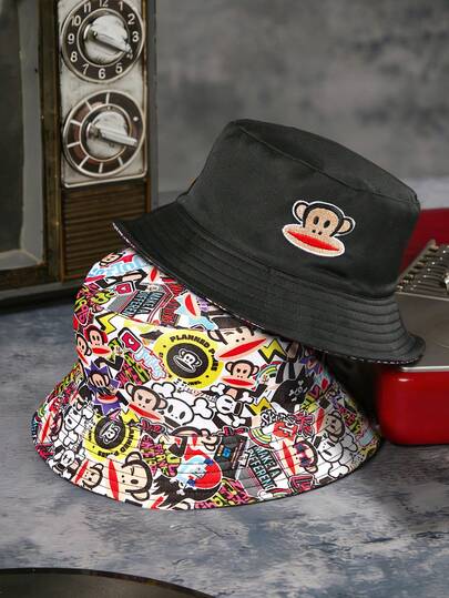 Paul Frank X SHEIN Fashion Printed Double-Sided Black Bucket Hat, Unisex, Foldable Sunscreen Cap, Breathable And Comfortable