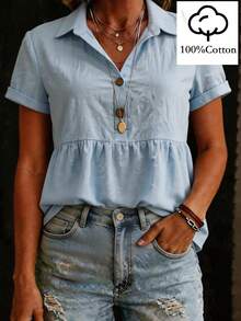 Wandoria Camisa casual de mujer de unicolor, de manga corta, con botones y media cartera - Azul - Ver 8