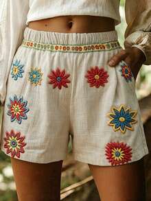 EMERY ROSE Women's European And American Style Pleated Floral Print Loose Casual Shorts, Non-Stretch - Multicolor - View 5