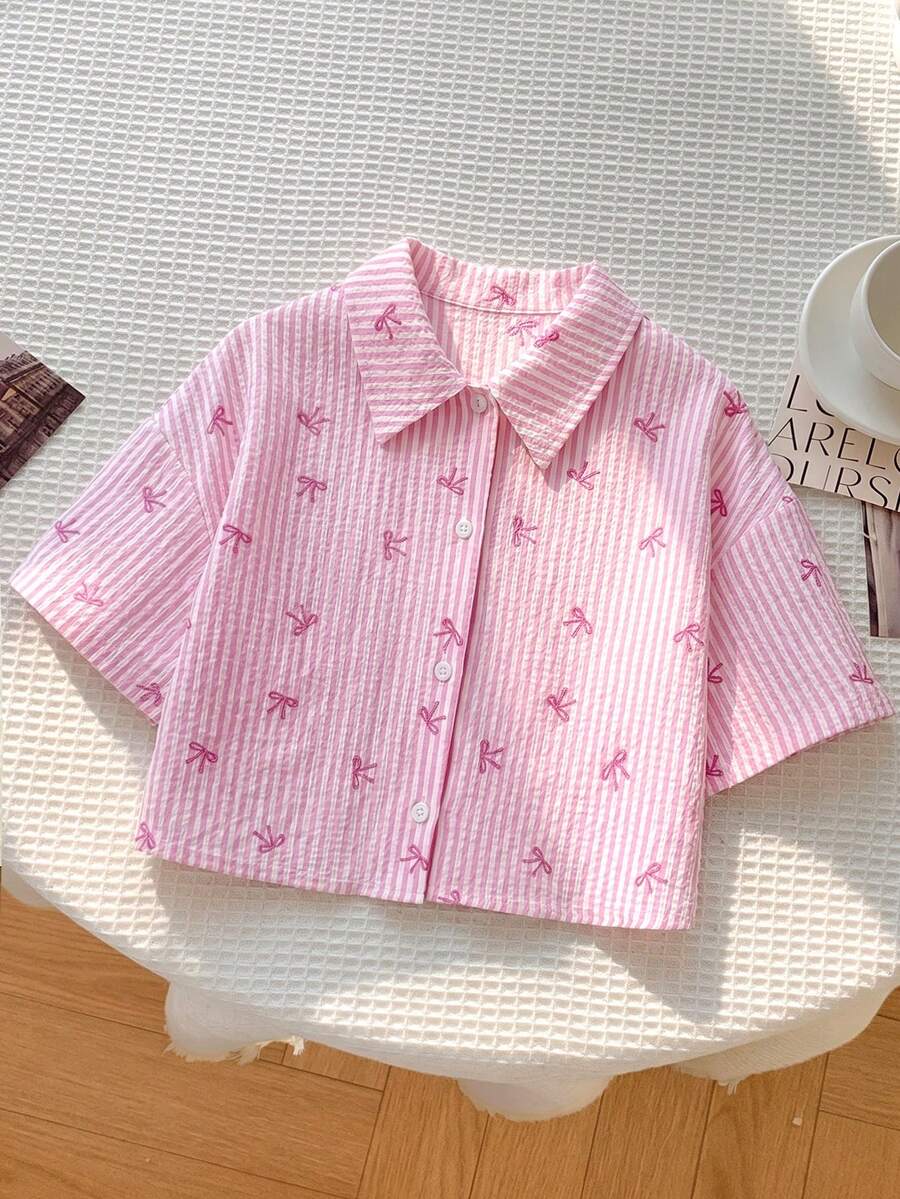 SHEIN 少女粉白条纹蝴蝶结印花短袖衬衫 - 粉色 - 查看 1