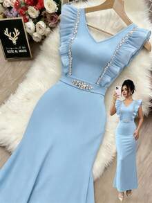 GlowEve Blue Rhinestone Decorated Organza Ruffle Hem Mermaid Dress, Elegant For Women - Blue - View 1