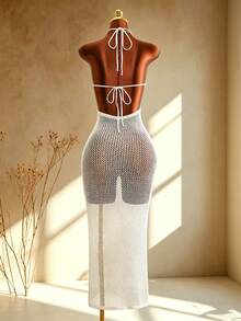 Swim Chiccia Vestido elegante de verano con espalda descubierta hecho a mano a ganchillo para mujeres - Albaricoque - Ver 7
