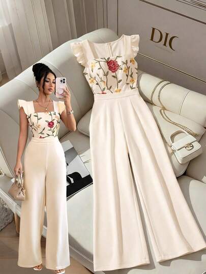 GlowEve Women's Floral Embroidery Square Collar Ruffle Hem Elegant Jumpsuit