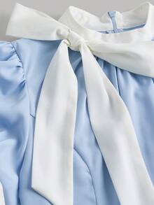 SHEIN Girlism 兒童青少年女孩休閒優雅輕盈藍白條紋蝴蝶結腰帶泡泡袖A字中長洋裝，適合通勤、派對、度假、下午茶、日常穿著、約會、家庭聚會、畢業季夏季 - 藍白色 - 查看 6
