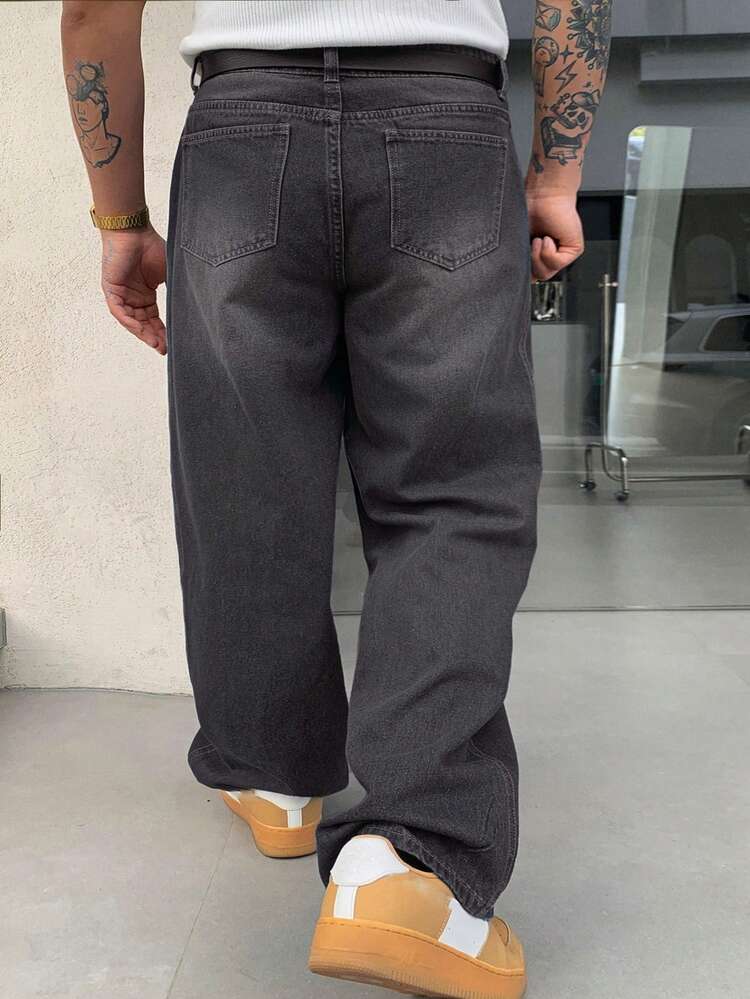 Spring & Autumn Solid Black Washed Vintage Plus Size Men's Jeans