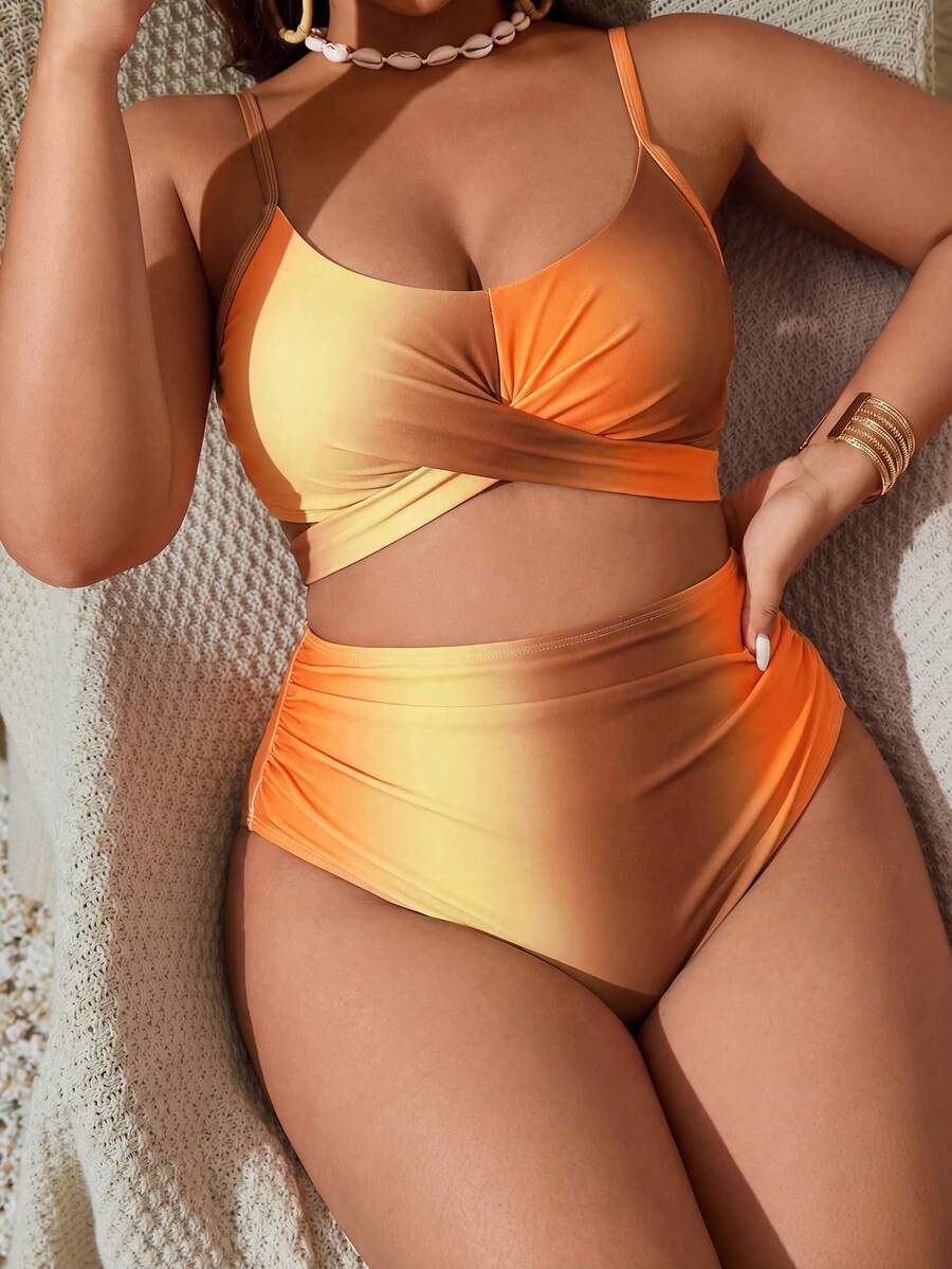Slaydiva Conjunto de tankini y bikini con estampado degradado y drapeado en tallas grandes - Multicolor - Ver 1