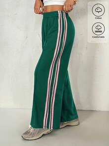 SHEIN PETITE Women's Casual Contrast Striped Wide Leg Sweatpants Pants For Summer - Green - View 9