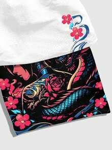 ROMWE MEN Anime Men's Summer Beach Vacation Dragon & Floral Print Drawstring Waist Shorts - Multicolor - View 6