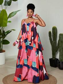 Maweii Plus Size Women's Summer Romantic Floral Print Chiffon Slip Dress With Layered Ruffle Hem, Vacation Style Gym Brown - Multicolor - View 4