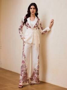 ZEYLAH 亚麻印花系带长袖西装外套，春夏款 - 杏色 - 查看 5