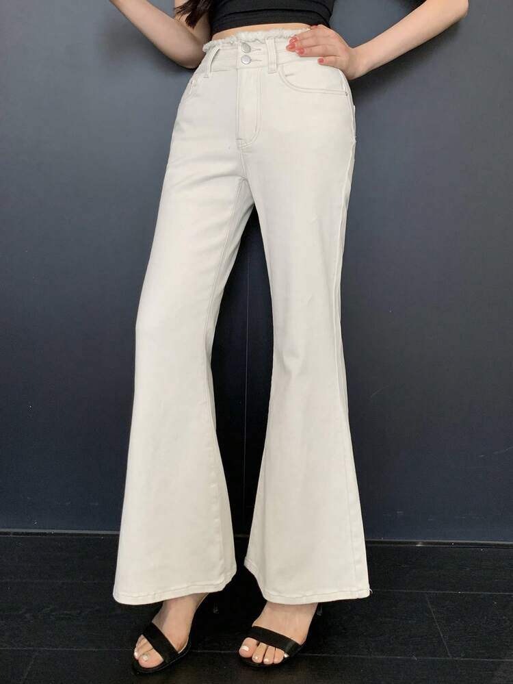Casual Style Plain Color Frayed Waist Flare Women Jeans