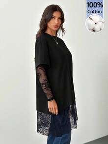 SHEIN Tall 黑色秋季優雅日常女款上衣，蕾絲袖口與下擺設計，寬鬆版型，適合冬季、聖誕節、晚宴或新年穿著 - 黑色 - 查看 5