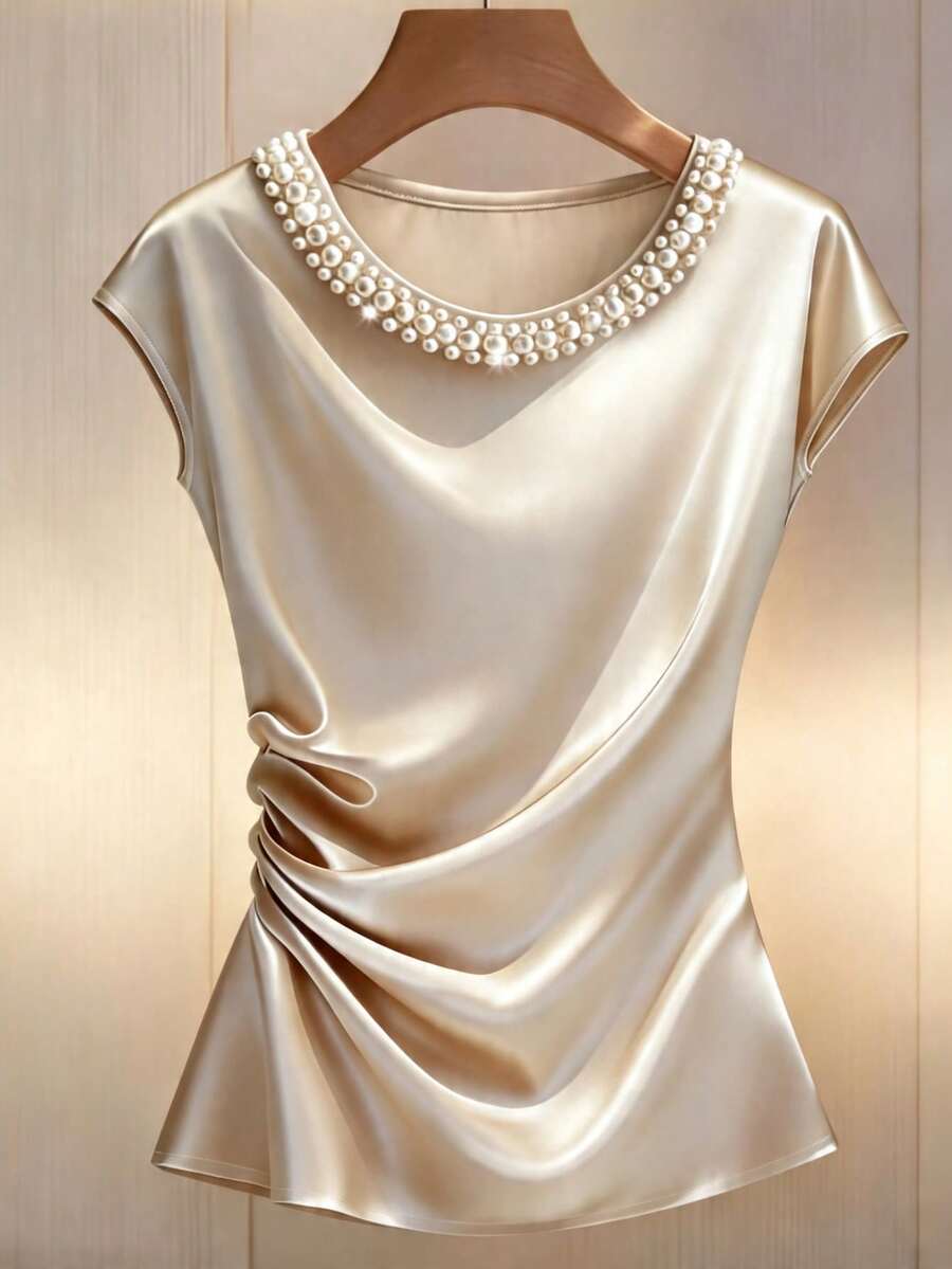 SHEIN Franclia 加大码女式杏色纯色圆领珍珠泡泡设计优雅短袖衬衫，适合约会、外出、通勤、度假、搭配 - 杏色 - 查看 1