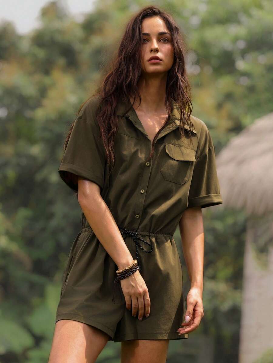 WanderVale Áo liền quần nữ dệt kim kiểu dáng thường ngày có dây rút ở eo - xanh quân đội - Xem 1