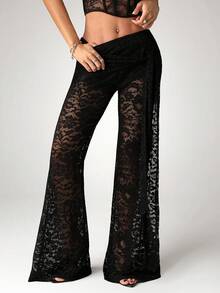SHEIN ICON Quần ống loe rộng, chất liệu ren mỏng, màu trơn dành cho nữ. - màu đen - Xem 3