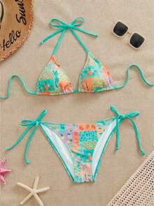 Swim Mod Conjunto de traje de baño con estampado tropical para mujeres para vacaciones en la playa - verde menta - Ver 1