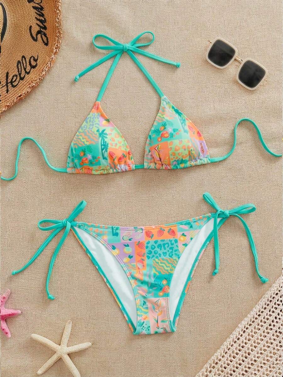 Swim Mod Conjunto de traje de baño con estampado tropical para mujeres para vacaciones en la playa - verde menta - Ver 1