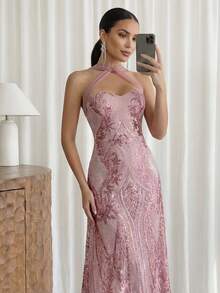 Modelyn Robe de soirée de cérémonie (très ornée) pour femmes, Tenues de robe de soirée d'été pour femmes, Robes de soirée de luxe pour femmes pour l'automne et l'anniversaire - Rose bonbon - Voir 3