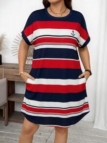 SHEIN LUNE 大尺碼女裝夏季套裝 日航海風女裙 Zanzea 大尺碼女裙 Z65c7 碼女裝折扣條紋女裙 海軍藍條紋波西米亞休閒度假洋裝 - 彩色 - 查看 5