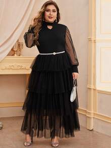Modelyn Plus Keyhole Neck Pearls Beaded Layered Mesh Hem Dress Without Belt - Black - View 4