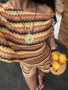 SHEIN EZwear Summer Beach Outfit Vacation 2pcs Women Asymmetric Collar Zigzag Striped Knit Short Sleeve Top And Shorts Casual Suit - Multicolor - View 2