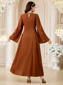 Al Najma Đầm dài tay thanh lịch kiểu Ả Rập dành cho nữ, đính đá lấp lánh, cổ tàu. - màu nâu - Xem 3