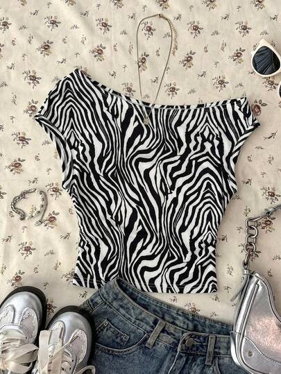 Attitoon Women's Casual Asymmetric Ruched Cropped Top, One Shoulder Shirt, Zebra Print Blouse, Suitable For Music Festival, Summer Outfit