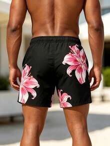 Manfinity Swimmode 男士加大码印花沙滩短裤 - 黑色 - 查看 2