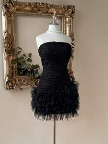 Lovelzi Elegant & Luxurious Black Mesh Handmade Ruffle Decor Bustier Bubble Hem Bodycon Mini Party Dress - Black - View 4