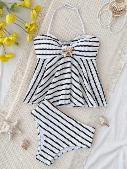 Tween Girl/Tween Girls' Striped Jacquard Tankini Swimsuit Set, Black & White Halter Neck Ruffled, Beach/Vacation Casual