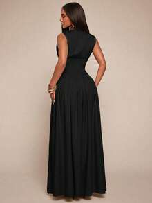 Radiana 女士性感优雅极简V领无袖连衣裙，长款连衣裙，收腰连衣裙，纽扣衬衫裙，吊带裙，飘逸长裙，休闲连衣裙，商务休闲装，复古风格连衣裙，极简时尚，度假连衣裙 - 黑色 - 查看 2