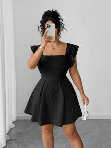 Elenzga Elegant Jacquard Frill Trim Dress In Light Yellow - Black - View 5