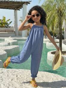 SHEIN 年轻女孩休闲时尚吊带蓝色连体裤 - 藍色 - 查看 3