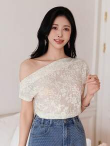 DAZY 女士休闲优雅白色不对称领T恤，适合工作通勤、春夏季穿着 - 米色 - 查看 4