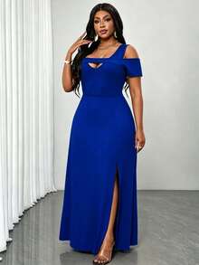SHEIN Lady New Plus Size Lady Strapless Maxi Dress In Navy Blue, & Charming, Thigh High Slit Vacation - Royal Blue - View 3
