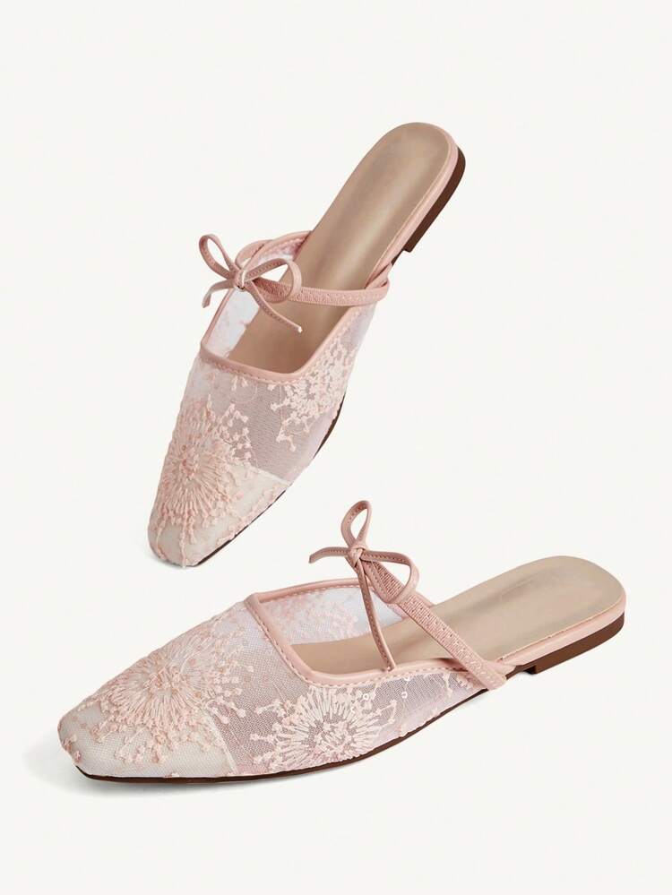 CUCCOO CHICEST Women Shoes Small Square Head Flat Bottom Pink Lace Mesh Bow Breathable Women's Flat Back Empty Single Shoes Muller Shoes Light, Comfortable And Simple Commuting Daily Versatile Elegant Women's Flat Shoes