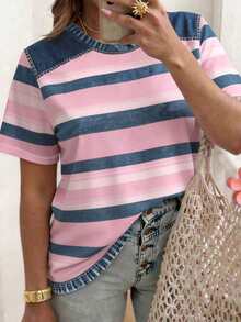 EMERY ROSE Kaos Wanita Lengan Pendek Leher Bulat Motif Garis-Garis Patchwork Kasual Serbaguna Formal Liburan Musim Panas Warna Pink - MultiWarna - View 3