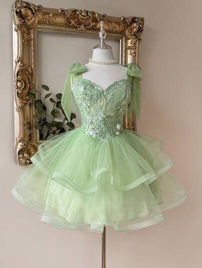 Lovelzi Elegante falda de línea A con burbujas de 3D con cuentas en verde oliva de lujo, diseño transparente sin tirantes con cintura, lazo, correa ajustable en la espalda, adecuado para citas, vacaciones, fiestas de solteros, bodas, vacaciones en la playa, vestido de fiesta elegante para primavera/verano, invitado de boda, graduación, cumpleaños, baile de graduación