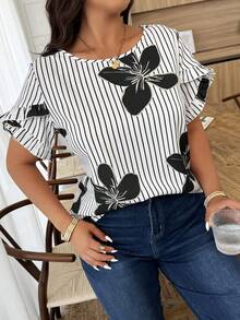 Weeklong Camisa casual de vacaciones con estampado de rayas, mangas con volantes y pétalos para mujer talla grande, primavera/verano - Multicolor - Ver 4