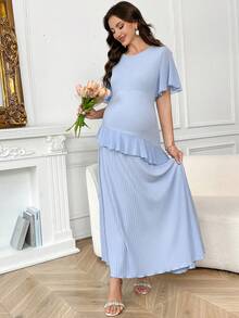 SHEIN Maternity Solid Color Round Neck Ruffle Hem Casual Elegant Photoshoot Dress Dresses For Pregnant Women Outfit Light Blue Summer - Blue - View 6