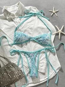 Swim Vcay Bộ bikini 2 món gợi cảm, áo quây cổ yếm bằng vải đính sequin và quần bikini dây buộc bên hông, thích hợp cho kỳ nghỉ biển mùa xuân/hè. - Màu xanh Bạc hà - Xem 3