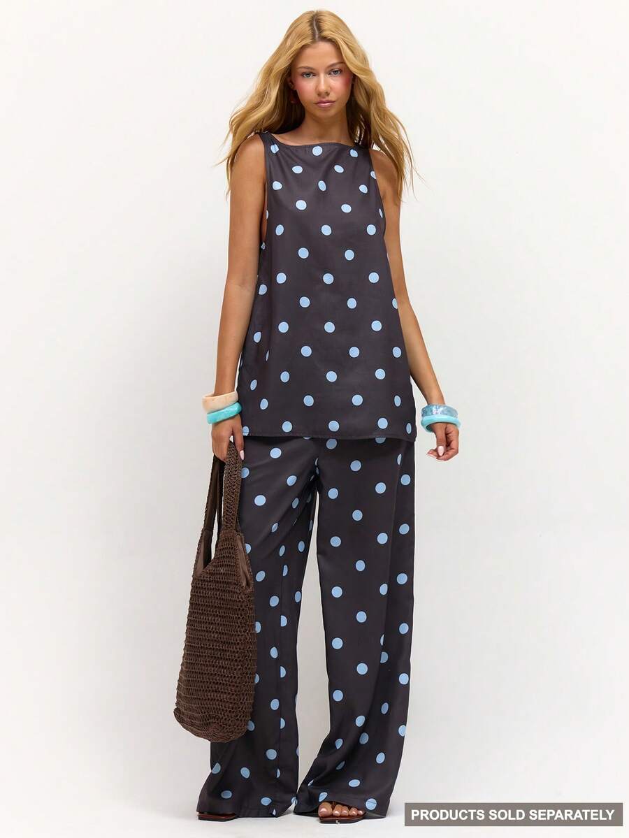 MUSERA Linen Polka Dot Wide Leg Trousers Beach Festival Spring Summer Vacation Holiday Classy Elegant Night Out Date Night - Multicolor - View 1