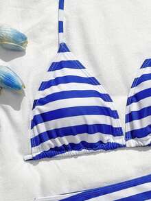 SHEIN Teen Girl Black Bikini 2-Piece Swimwear Set, Fashionable Beachwear For Swimming Party - Blue and White - View 5